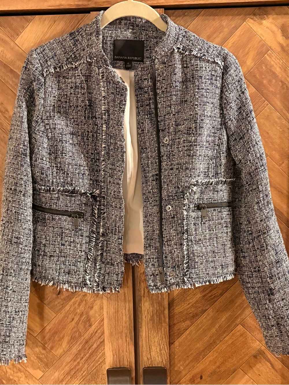 Banana Republic Navy and White Tweed Fringe Blazer